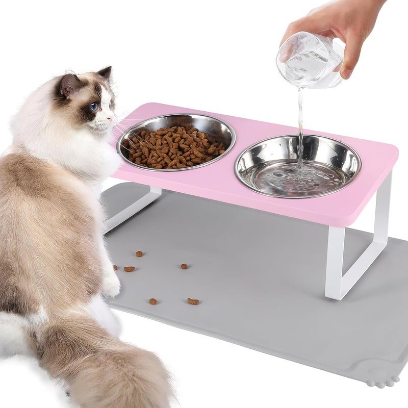 Summark Upgraded Elevated Cat Bowls with Food Mat,15°Tilted Stand Anti Vomiting Raised Cat Dishes for Food and Water,2 Stainless Steel Bowls for Cats and Puppy（Pink） - Image 1